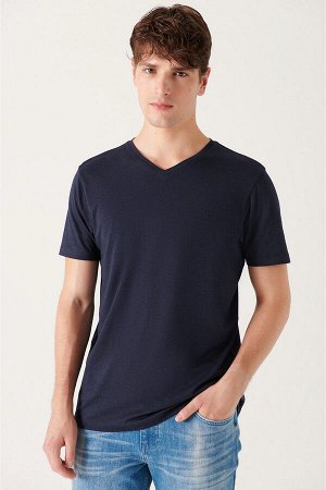 Темно-синяя ультрамягкая футболка из модала с V-образным вырезом E001173