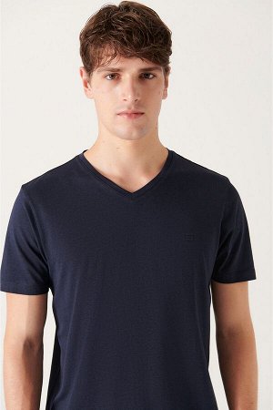 Темно-синяя ультрамягкая футболка из модала с V-образным вырезом E001173