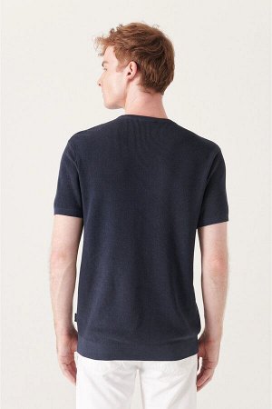 Текстурированная базовая трикотажная футболка темно-синего цвета с круглым вырезом B005010