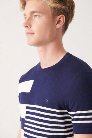 Мужская темно-синяя трикотажная футболка с круглым вырезом и цветными блоками A31y5113 A31Y5113