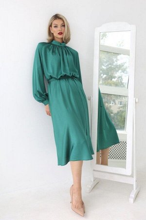 Шелковое платье миди с юбкой-трапеция, цвет зеленый