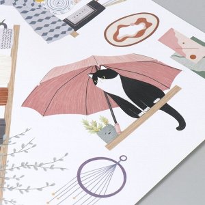 Наклейка пластик интерьерная цветная "Кошка на полочке под зонтом" 45х60 см