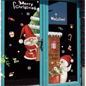 Наклейка пластик интерьерная цветная "Дедушка Мороз и снеговичок" набор 2 листа 45х60 см