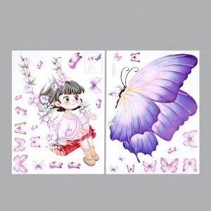 Наклейка пластик интерьерная цветная "Девочка на качелях с бабочками" набор 2 листа 30х40 см   95402