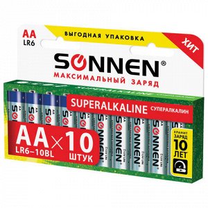 Батарейки КОМПЛЕКТ 10 шт., SONNEN Super Alkaline, АА (LR6,15А), алкалиновые, пальчиковые, в коробке, 454231