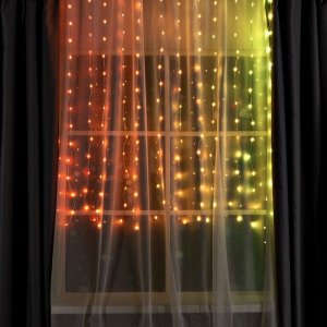 Умная гирлянда «Занавес» 2 x 1.5 м роса, IP20, серебристая нить, 300 LED, пульт ДУ, приложение, свечение RGB, USB