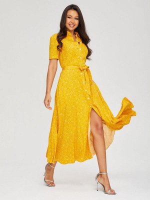 Платье-рубашка женское летнее длина макси короткий рукав хлопок цвет Желтый LONG