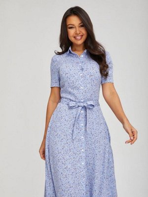 Платье-рубашка женское летнее длина макси короткий рукав хлопок цвет Темно-голубой LONG