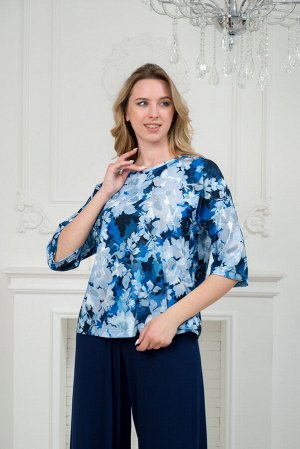 Костюм женский из кофты с рукавом 3/4 и брюк из вискозы Элеонора синие цветы