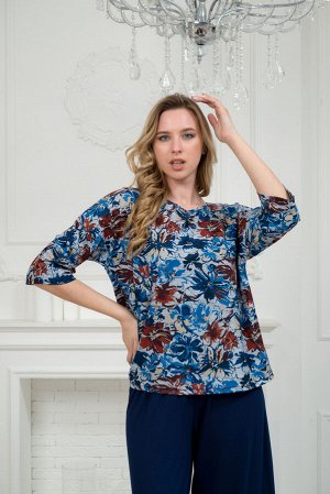 Костюм женский из кофты с рукавом 3/4 и брюк из вискозы Элеонора цветы на сером