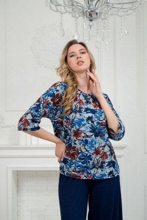 Костюм женский из кофты с рукавом 3/4 и брюк из вискозы Элеонора цветы на сером
