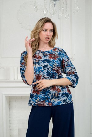 Костюм женский из кофты с рукавом 3/4 и брюк из вискозы Элеонора цветы на сером