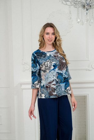 Костюм женский из кофты с рукавом 3/4 и брюк из вискозы Элеонора синяя абстракция