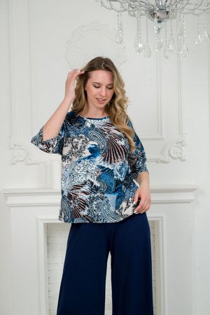 Костюм женский из кофты с рукавом 3/4 и брюк из вискозы Элеонора синяя абстракция