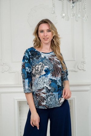 Костюм женский из кофты с рукавом 3/4 и брюк из вискозы Элеонора синяя абстракция