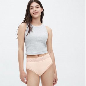 UNIQLO - завышенные однотонные хлопковые трусики с кружевом  - 30 NATURAL