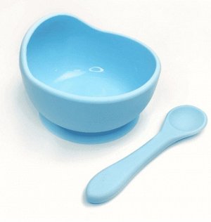 Набор для кормления малыша тарелка силиконовая на присоске с ложкой цвет Baby blue