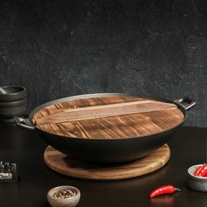 Сковорода-ВОК Magma «Хемминг», 4 л, 37x9.5 см, чугун, с деревянной крышкой, индукция, чугун, чёрная