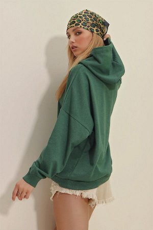 Женская темно-зеленая толстовка с капюшоном и карманом кенгуру с двумя нитками ALC-531-015