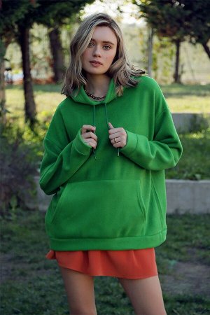 Женская зеленая флисовая толстовка большого размера с капюшоном и карманом кенгуру ALC-X7196