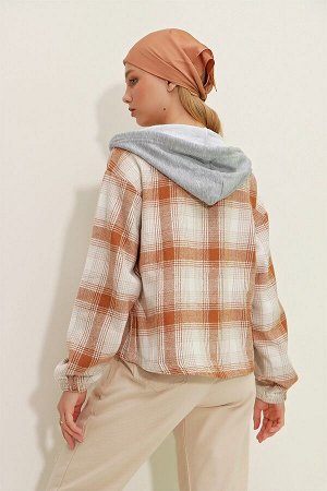 Женский клетчатый свитер с капюшоном и эластичной молнией до щиколотки цвета корицы ML00036
