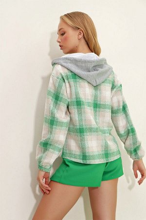 Женский зеленый клетчатый свитер с капюшоном и эластичной молнией до щиколотки ML00036
