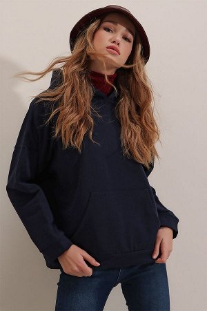 Женская темно-синяя плотная толстовка с капюшоном и карманом кенгуру ALC-531-045