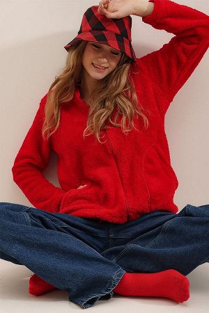 Женская красная толстовка с капюшоном на молнии спереди и двойным карманом, плюшевая толстовка большого размера ALC-X7332