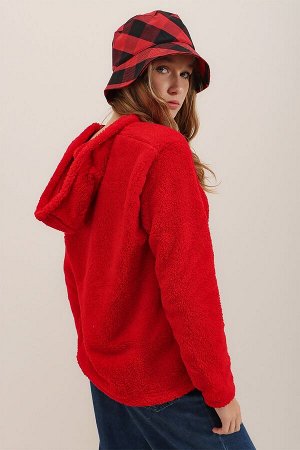 Женская красная толстовка с капюшоном на молнии спереди и двойным карманом, плюшевая толстовка большого размера ALC-X7332