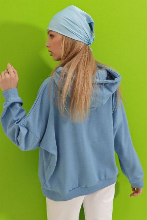 Женская голубая толстовка с капюшоном и карманом кенгуру из двух нитей ALC-531-015