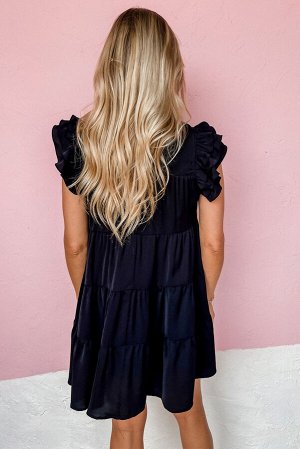 Черное многоярусное платье длины мини с рюшами