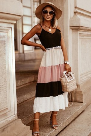 Многоярусное платье-миди в стиле колорблок: черный, розовый, белый