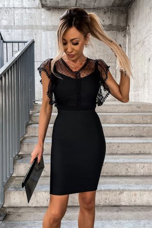 Черное облегающее платье-миди в швейцарский горошек с рюшами