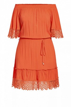Оранжевое платье плюс сайз с кружевными вставками и поясом на талии
