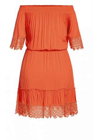 Оранжевое платье плюс сайз с кружевными вставками и поясом на талии