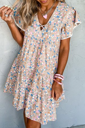 Бежевое многоярусное платье с цветочным принтом и коротким рукавом