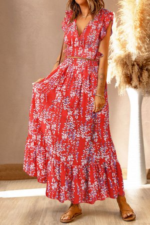 VitoRicci Красный комплект с разноцветным цветочным принтом: укороченный топ с оборками на плечах + юбка макси