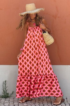 Розовое платье-макси на бретелях с геометрическим принтом