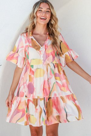 Розовое многоярусное платье с V-образным вырезом