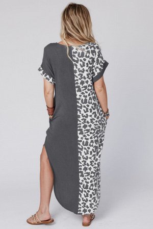 VitoRicci Серое леопардовое платье-макси в стиле колорблок