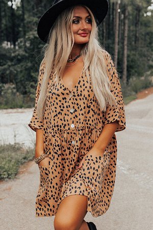 Коричневое леопардовое платье-сорочка с коротким рукавом