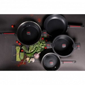 Сковорода Magistro Flame, d=28 см, h=5 см, кованый алюминий, ручка soft-touch, антипригарное покрытие, индукция, чёрная