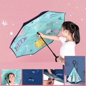Зонт наоборот детский бирюзовый с кошечками
