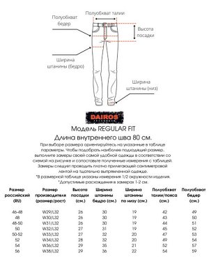 Джинсы Повседневные мужские джинсы из денима с небольшим добавлением эластана. Модель прямого кроя со средней посадкой. Рост L32 (170-180 см). Длина внутреннего шва 80 см, высота посадки 26-29 см, шир