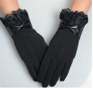 Перчатки женские сенсорные с бантиком и кружевом черные