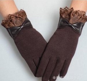 Перчатки женские сенсорные с бантиком и кружевом коричневые