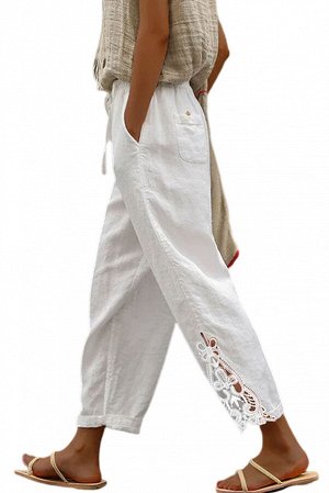 Белые свободные брюки из хлопка с кружевными вставками