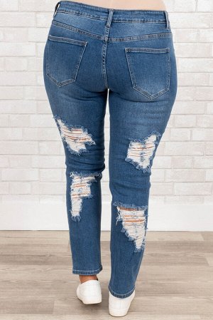 Синие джинсы-скинни плюс сайз с потертостями и дырками