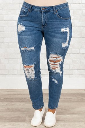 Синие джинсы-скинни плюс сайз с потертостями и дырками