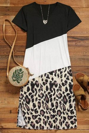 Черное леопардовое платье-футболка в стиле колорблок